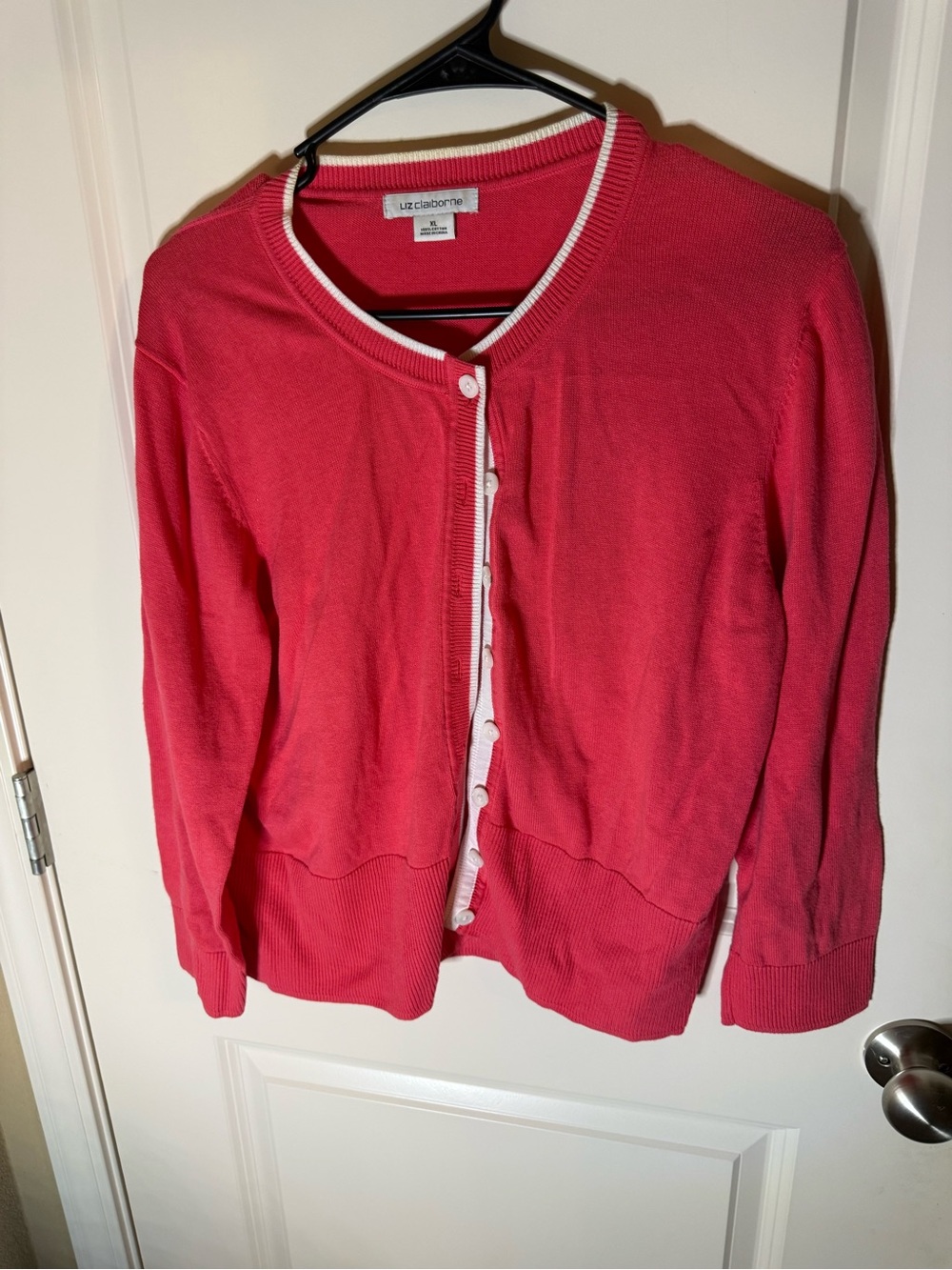 Liz Claiborne Pink Cotton Cardigan Sweater | Women’s XL | White Trim Button